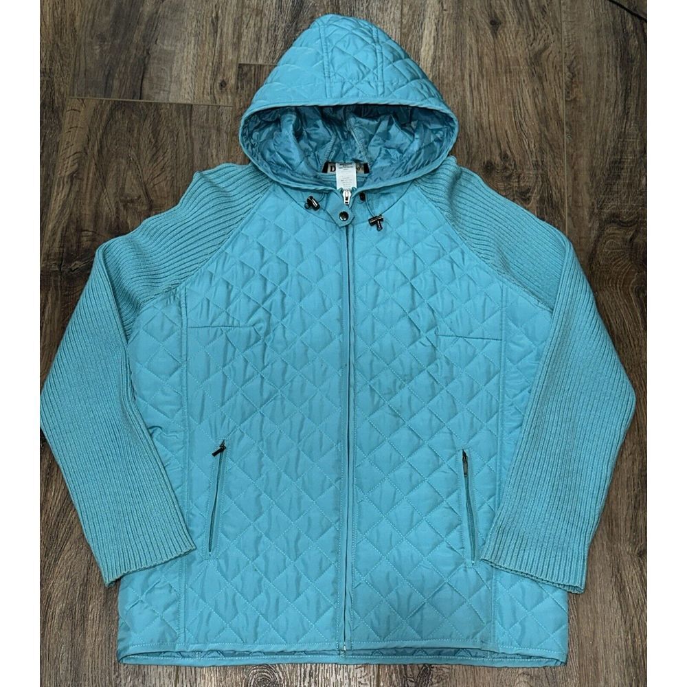 Vtg‎ Denim & Co Quilted Jacket, Sweater Material Arms, Medium, Nice, Light Blue